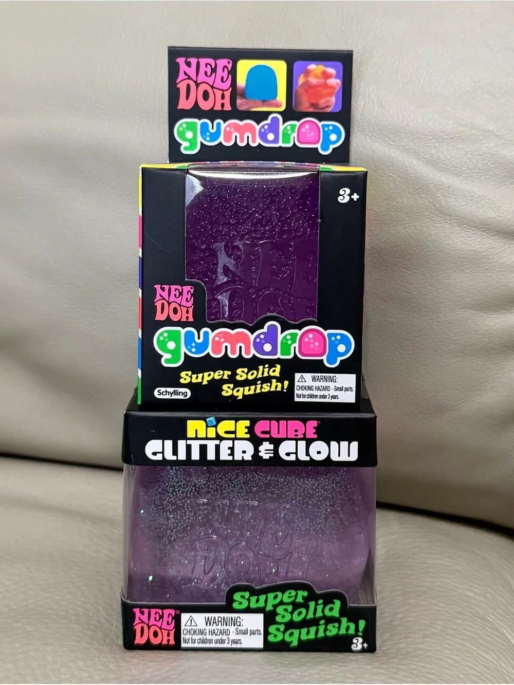 NEW Needoh Glitter & Glow Nice Cube & Purple Gumdrop Super Solid Squishy